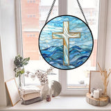 Christian Gifts for Women - Blue Cross Stained Glass Window Hanging Jesus Easter Ocean Waves Sun Catcher Garden Religion Decor Mother's Day Catholic Gift for Men Grandma Mom Her Nana 7.8"