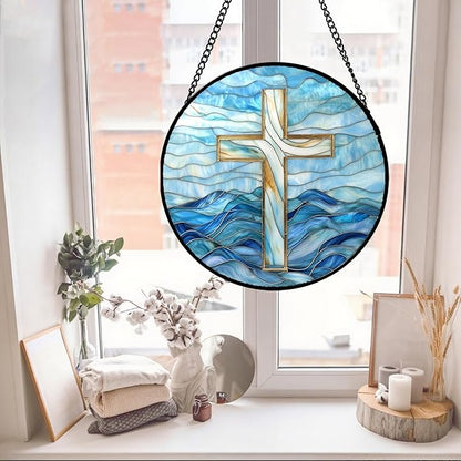 Christian Gifts for Women - Blue Cross Stained Glass Window Hanging Jesus Easter Ocean Waves Sun Catcher Garden Religion Decor Mother's Day Catholic Gift for Men Grandma Mom Her Nana 6.3"