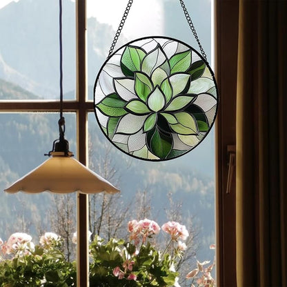 Stained Glass Window Hanging - Green Lotus Suncatcher for Door Garden Succulent Plant Sun Catchers Decor Mother's St. Patrick's Day Birthday for Women Mom Nana Grandma 7.8 in