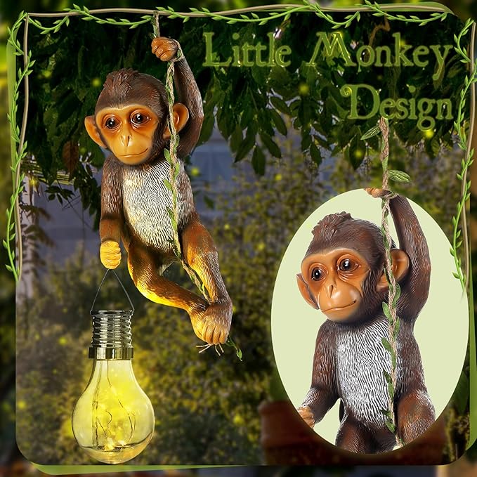 Solar Powered Outdoor Monkey Statue Gift 7.48''H Resin Waterproof Solar Monkey Hanging Figurine Lantern Chimpanzee Baby Monkeys Climbing 19.68" Vine with Hook for Yard Garden Wall Tree Decoration Gift