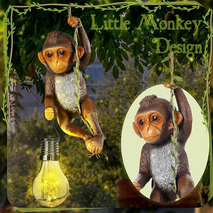 Solar Powered Outdoor Monkey Statue Gift 7.48''H Resin Waterproof Solar Monkey Hanging Figurine Lantern Chimpanzee Baby Monkeys Climbing 19.68" Vine with Hook for Yard Garden Wall Tree Decoration Gift