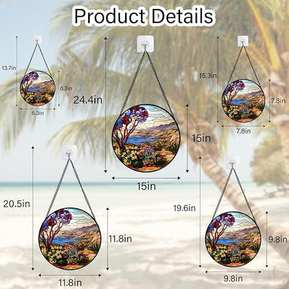 Stained Glass Window Hanging Retro Wildflowers Lake Mountain Scenery Large 11.8" - Suncatcher Door Garden Sun Catcher Home Decor Birthday Christmas for Mom Men Woman Friend