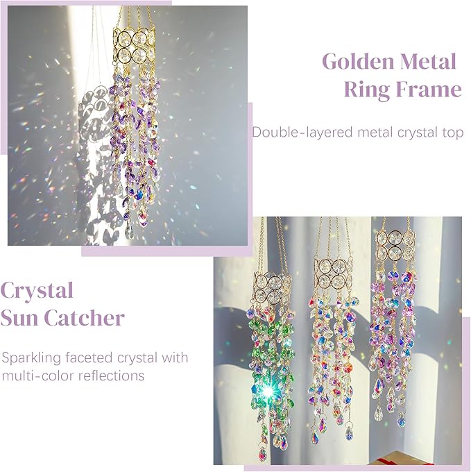 H&D HYALINE & DORA 19'' H Crystal Suncatchers Windows Hanging Crystals Sun Catcher Prisms with Purple Beads Chain Gold-Plated Sun Catcher for Indoor and Outdoor Decor