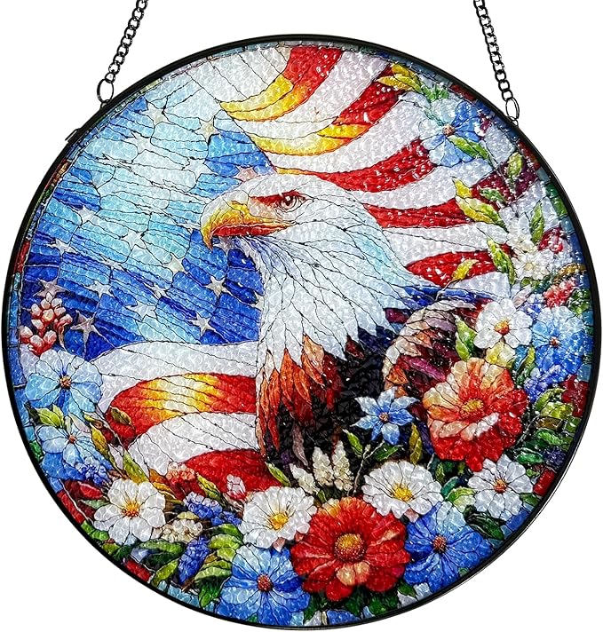 Stained Glass Window Hanging, 4th of July Patriotic Eagle Suncatcher, 250th Anniversary Ornament, Independence Day Decor for Home Garden Porch Patio, Birthday Housewarming Gift, 7.8 Inch