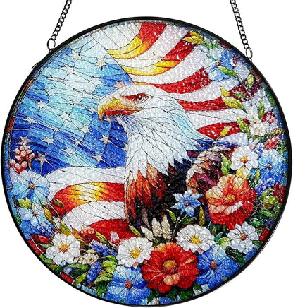 Stained Glass Window Hanging, 4th of July Patriotic Eagle Suncatcher, 250th Anniversary Ornament, Independence Day Decor for Home Garden Porch Patio, Birthday Housewarming Gift, 7.8 Inch
