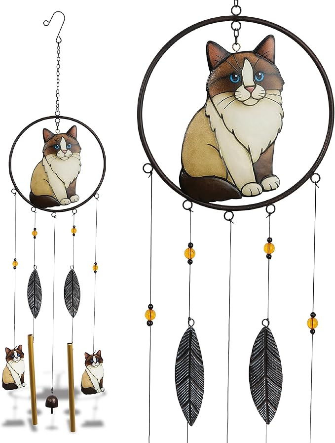 CoTa Global Ragdoll Cat Wind Chime - Handmade Metal and Glass Hanging Decor, Cream and Brown Cat Garden Ornament with Gold Tubes and Feather Accents, Indoor Outdoor or Yard Decoration - 35 Inches
