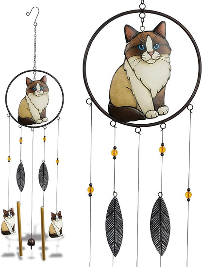 CoTa Global Ragdoll Cat Wind Chime - Handmade Metal and Glass Hanging Decor, Cream and Brown Cat Garden Ornament with Gold Tubes and Feather Accents, Indoor Outdoor or Yard Decoration - 35 Inches