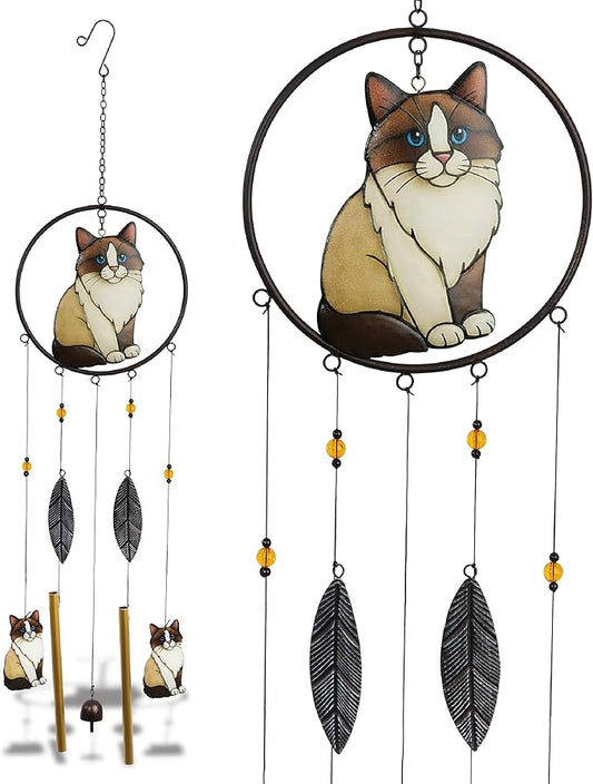 CoTa Global Ragdoll Cat Wind Chime - Handmade Metal and Glass Hanging Decor, Cream and Brown Cat Garden Ornament with Gold Tubes and Feather Accents, Indoor Outdoor or Yard Decoration - 35 Inches