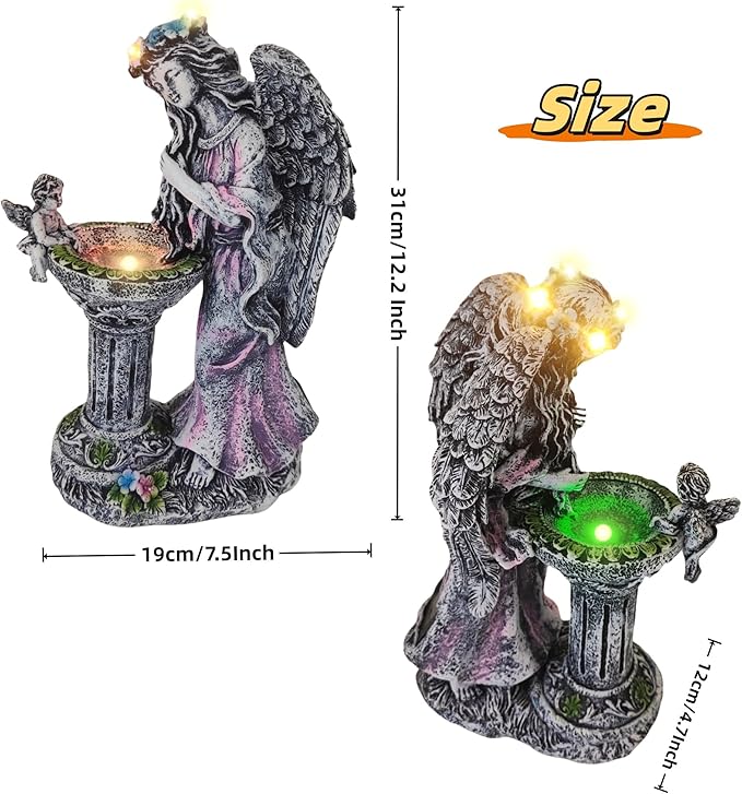 Evursua Garden Angel Decor 12 Inch Solar Fairy Outdoor Statue with Fountain Light Color Changing, Solar Lights Yard Decoration for Front Porch Flowerpot Patio Ornaments, Home Decor Gifts for New Year