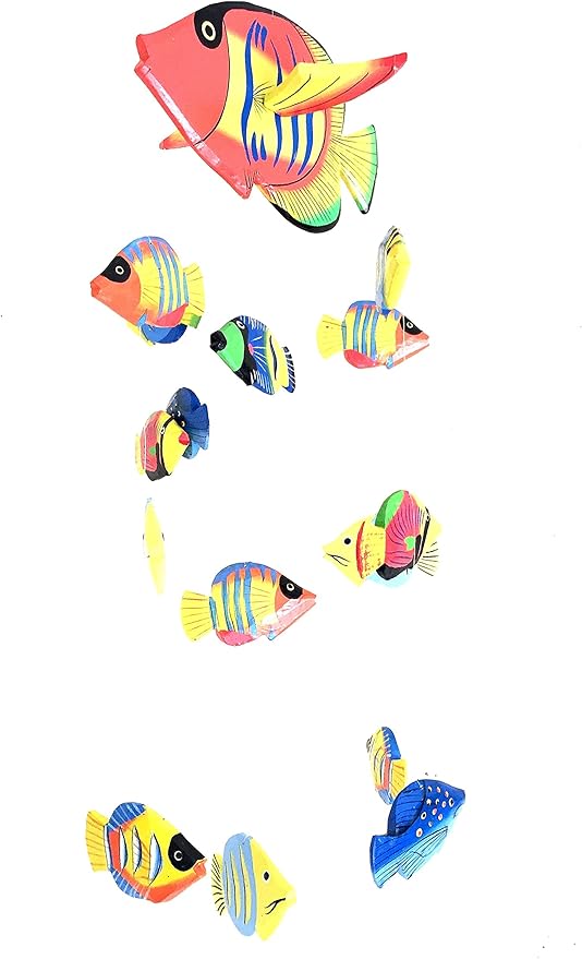 Fish Wind Chime Wooden Hand Painted Fish Mobile Tropical Fish Nautical Decor - OMA Brand (Small)