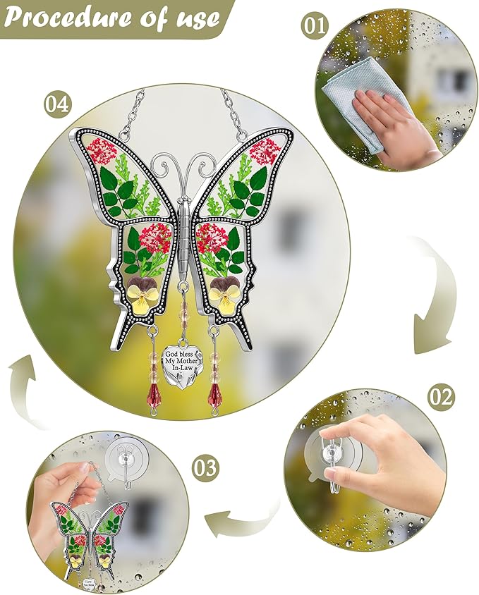 KY&BOSAM Butterfly Suncatcher Mother-in-Law Stained Glass for Window Hanging Wind Chime with Pressed Flower Wings Embedded in Glass with Metal Heart Charm Gift for Mother Day Valentine`s Day Birthday
