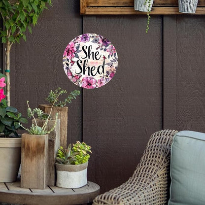 Vintage She Shed Round Metal Sign She Shed Decor Rustic Wreath Wall Decoration for Home Kitchen Garden Women Cave Indoor Outdoor Home Porch Window Decor 8 Inch