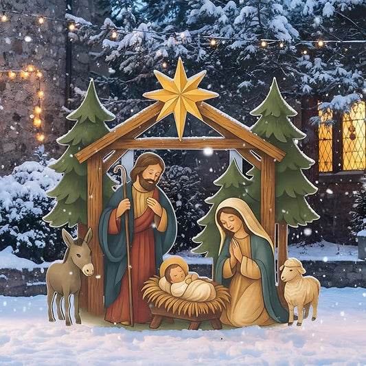 Cinnvoice Large Christmas Metal Yard Stakes Christmas Garden Stakes Waterproof Xmas Outdoor Yard Decor with Stake for Xmas Holiday Lawns Outdoor Decor(Nativity Scene)