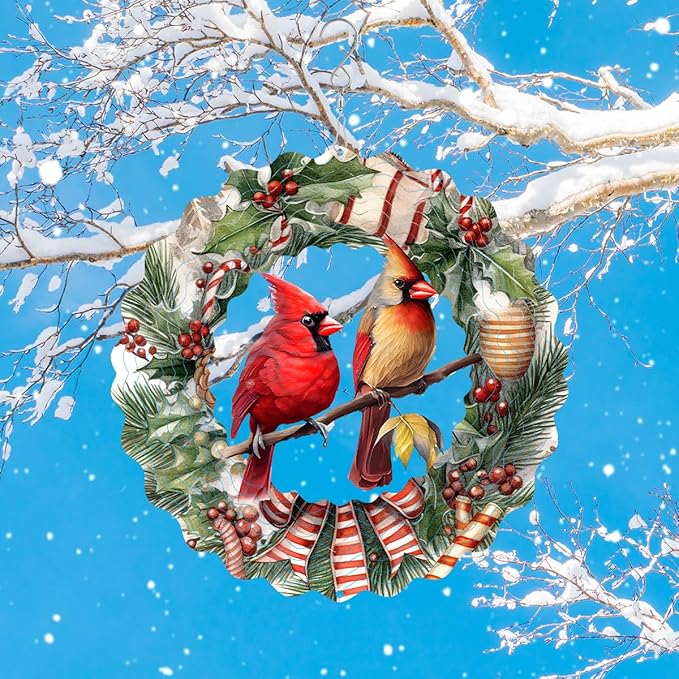 Metal Christmas Birds Wind Spinner Gift for Boy Girl Kids Colorful 3D Hanging Christmas Holly Wind Spinner for New Year Outdoor Garden Decor Animal Wind Sculptures