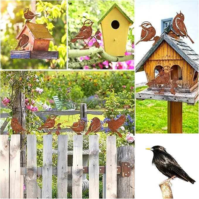 5PCS Rusty Metal Birds Decoration, Outdoor Fence Yard Decor, Metal Bird Art, Fence Decorations Outdoor, Rustic Garden Decor, Garden Sculptures Statues, Lawn Ornaments (Wren)