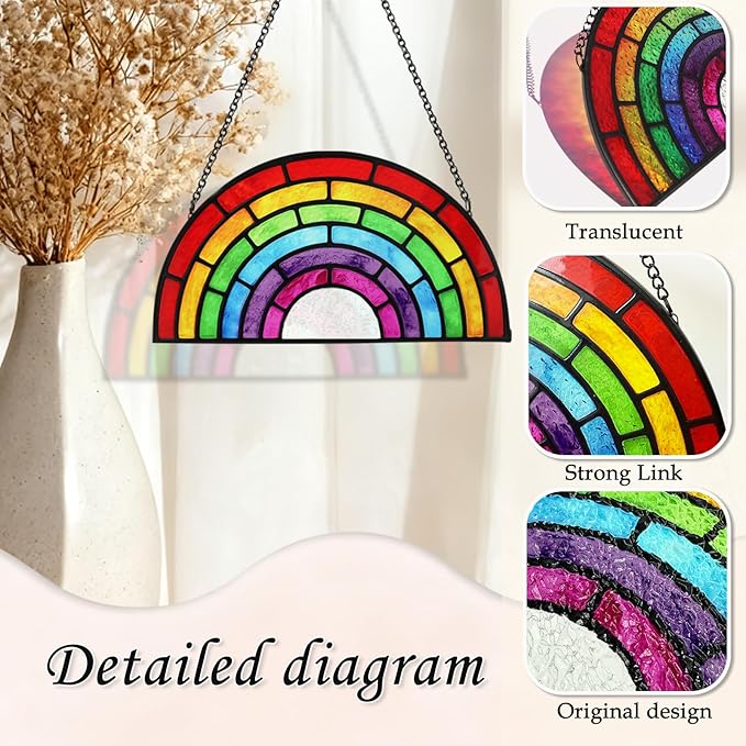 Stained Glass Window Hanging, Rainbow Suncatcher Valentines Day Gifts for Friend Women and Men, Rainbow Glass Hanging Ornaments, Ideal Gifts