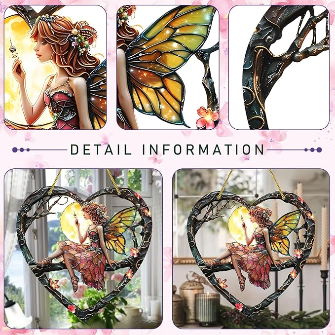 1PC Flower Fairy Acrylic Stained Glass Suncatcher Nature Heart-Shaped Magic and Butterfly Girls Suncatcher Hanging Decoration with Cord SunCatchers for Window Decor Outdoor Garden Decor Gift (red)