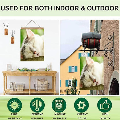 Mugod Sleepy Cat House Flags for Outdoor Decoration, Lovely Cat Face Cute Animal Large Yard Flag Burlap Banner 28 x 40 Double Sided Seasonal Flag Outside