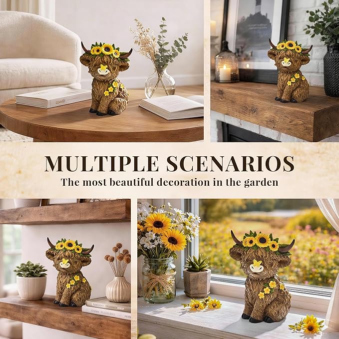 TISEJOY Highland Cow Decor 8", Highland Cow Statues for Garden Decor, Outdoor Indoor Table Desk Decor, Garden Statues for Patio Yard Lawn Windowsill and Backyard, Garden Gifts for Mom, Friends
