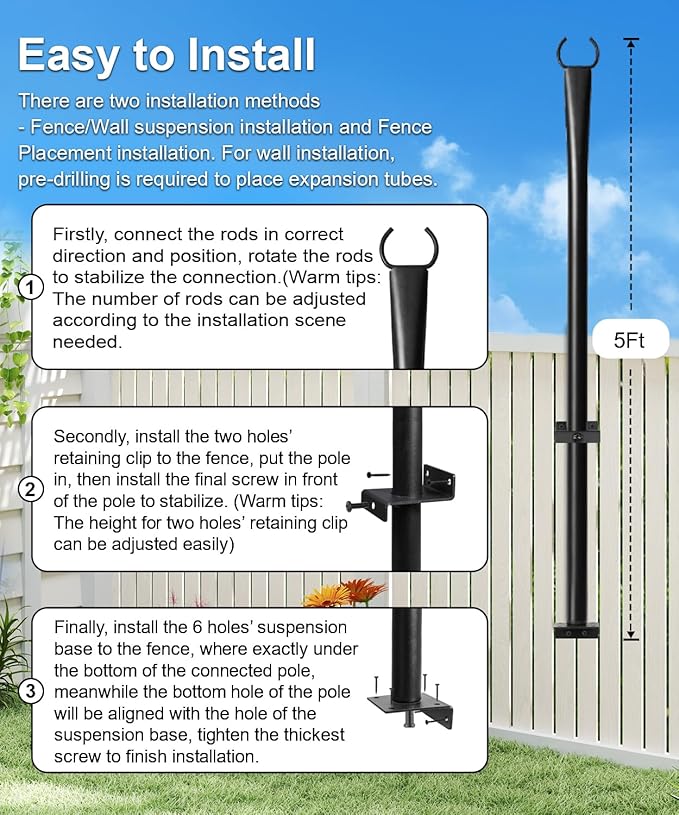 6 Pack String Light Poles for Deck, 5Ft Heavy-Duty Metal Deck Light Poles for Outside with Fixing Clips, Lighting Hanging Post Accessories for Patio Decor Garden Backyard Yard Fence Porch Decorations