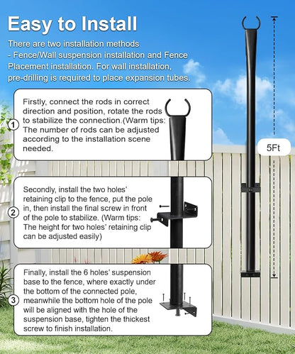 2 Pack String Light Poles for Deck, 5Ft Heavy-Duty Metal Deck Light Poles for Outside with Fixing Clips, Lighting Hanging Post Accessories for Patio Decor Garden Backyard Yard Fence Porch Decorations