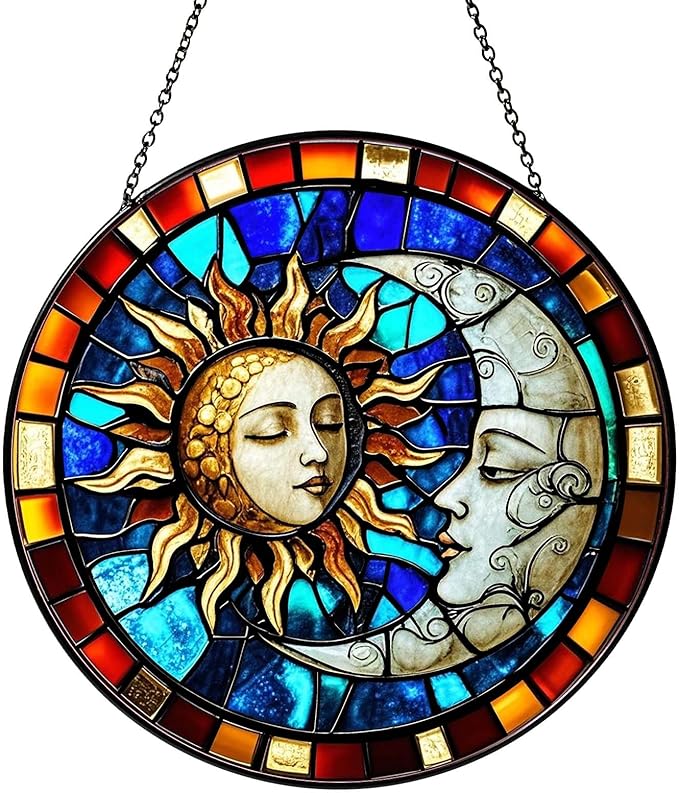 Sun and Moon Decor Sun Catcher Stained Glass Window Hanging Handmade Stained Glass SunCatcher Decoration for Home Window Garden Decor Indoor Decoration for Women Christmas Birthday Gifts