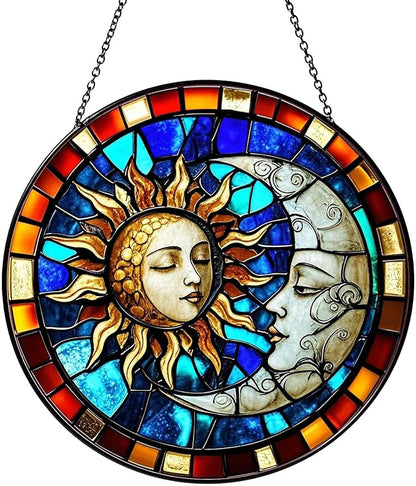 Sun and Moon Decor Sun Catcher Stained Glass Window Hanging Handmade Stained Glass SunCatcher Decoration for Home Window Garden Decor Indoor Decoration for Women Christmas Birthday Gifts