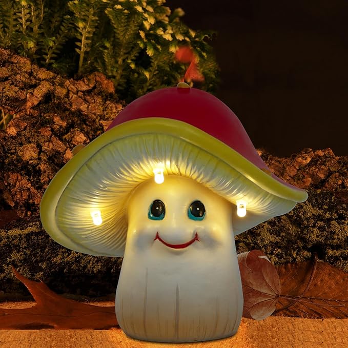 Solar Garden Small Mushroom Decor Outdoor Statue - Mushroom with Waterproof Sculptures Lights, Cute Mushrooms Pond/Yard Statues Outside Decoration, Home, Lawn, Patio, Resin Fairy Ornament