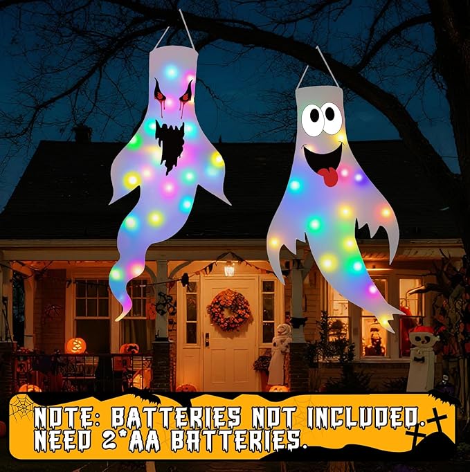 Halloween Decorations Outdoor Indoor, 2 Pack Light Up Ghost Decorations with LED Lights, Hanging Ghost Halloween Decor for Yard Porch Garden Lawn Party (2B-2Pack)