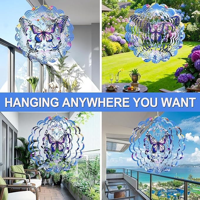 Butterfly Wind Spinners Outdoor, 3D Metal Butterfly Wind Spinner, Elegant Butterflies Wind Spinners Outdoor Hanging for Garden, Patio, Balcony, Birthday Gifts for Mom, Women, Grandma