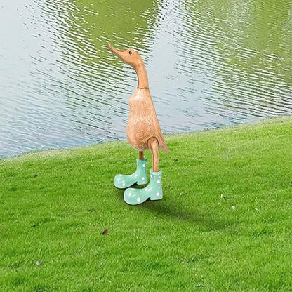 Wooden Crafted Duck Figurine with Spotty Wellies Funny Standing Duck Statues Decorative Resin Rain Boot Animal Sculpture Collectible Crafts Waterproof Garden Lawn Ornament (Green, 9.8Inch)