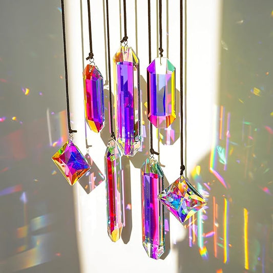 HDCRYSTALGIFTS Set 7 Crystal Sun Catcher Prisms, AB Colored Suncatcher Crystals Indoor Window Hanging Ornaments Rainbow Maker Prisms for Home Garden Decor