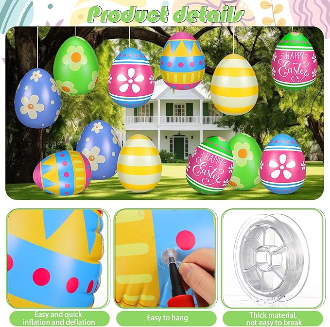 Jetec 12 Pcs Inflatable Easter Eggs Decorations 12 Inch Easter Inflatables Outdoor Decor PVC Large Outdoor Colorful Eggs Bunny Blow up Yard Ornaments for Yard Lawn Garden Party(Vibrant)