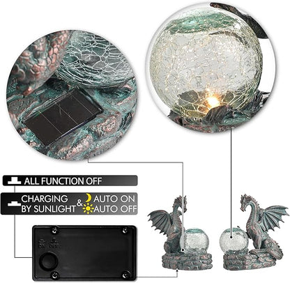 TERESA'S COLLECTIONS Dragon Outdoor Statues with Solar Crackle Globe Light, Resin Bronze Gothic Garden Decor,Touching Magic Ball Resin Lawn Ornaments for Patio Yard Decorations Gifts for Mom Dad, 6"