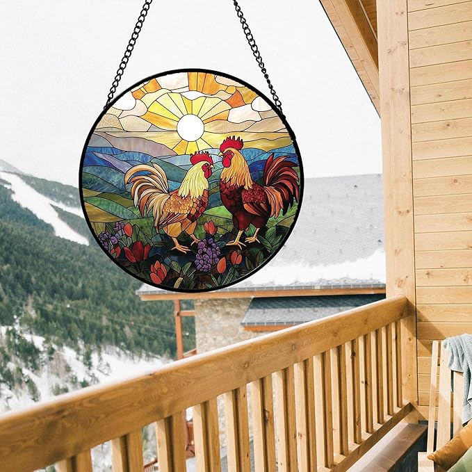 Stained Glass Window Hanging, Countryside Scenery Chicken Sun Catcher for Door Home Decor Sunrise Suncatcher Christmas Mother's Day Birthday Gifts for Women Men Mom Nana 15 in