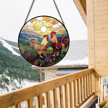 Stained Glass Window Hanging, Countryside Scenery Chicken Sun Catcher for Door Home Decor Sunrise Suncatcher Christmas Mother's Day Birthday Gifts for Women Men Mom Nana 11.8 in