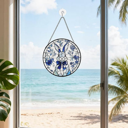 Stained Glass Window Hanging, Rabbit Circular Painted Glass Suncatcher with Chain & Suction Cup for Home Garden Door Decor, Birthday for Women Men Mom 7.8 in