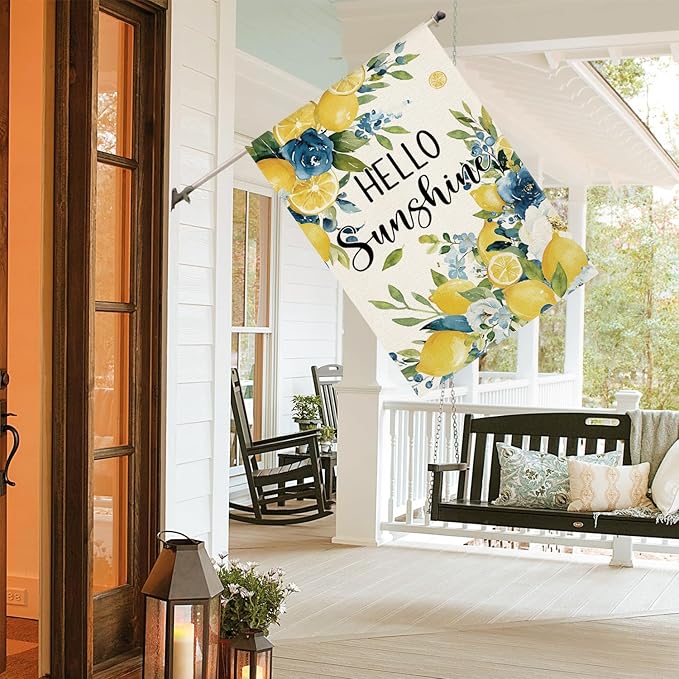 AVOIN colorlife Summer Lemon Floral House Flag 28x40 Inch Double Sided Outside, Hello Sunshine Seasonal Yard Outdoor Flag