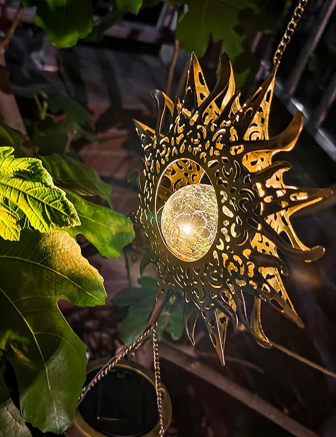 Sun Solar Wind Chimes for Outside Lights Prefert Gifts for Mom Wife Unique Crackle Glass LED Warm Light Outdoor Hanging Decor Windchimes for Garden Yard Patio Christmas Birthday Mothers Day