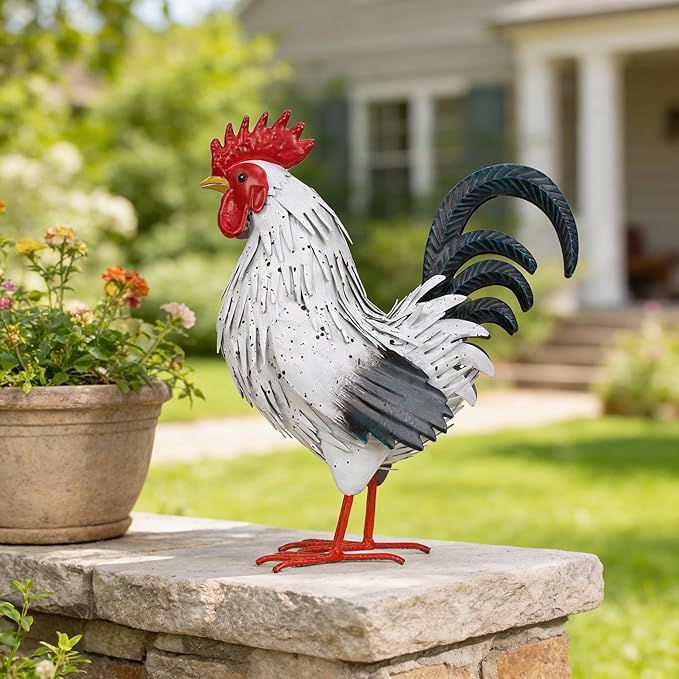 Ratuor Rooster Garden Statue Sculpture Metal Chicken Yard Decor Outdoor Figurines Patio Backyard Decoration (White)