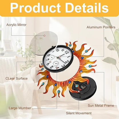 shumi Large Sun Outdoor Wall Clock, Outdoor Clock Thermometer and Hygrometer Combo, Decorative Wall Clock Silent Non-Ticking for Patio, Pool and Bathroom