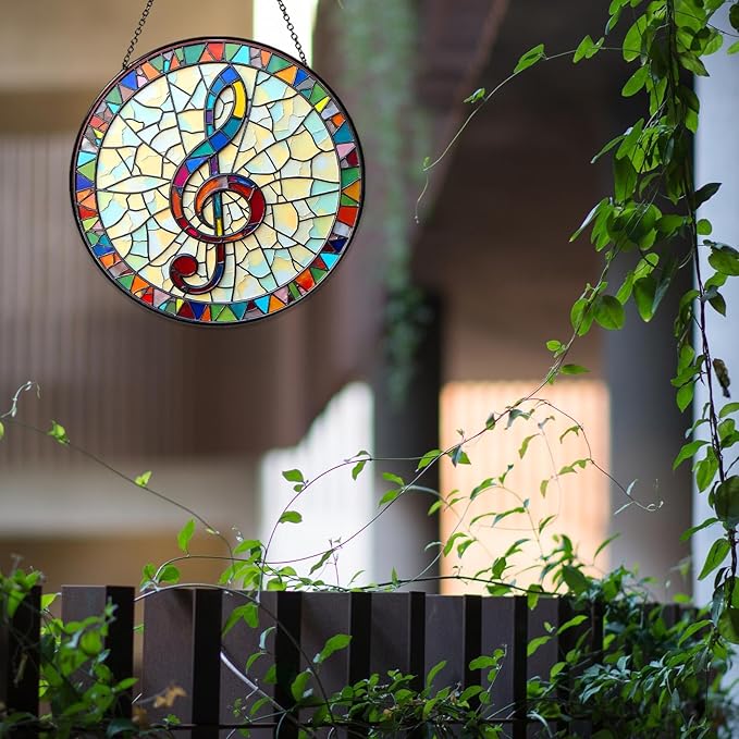 Musical Stained Glass Window Hanging Music Design Sun Catcher Musician Decor Music Teacher Gifts for Women Christmas Suncatchers for Home Windows Hanging Decoration, 7.87inch