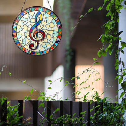 Musical Stained Glass Window Hanging Music Design Sun Catcher Musician Decor Music Teacher Gifts for Women Christmas Suncatchers for Home Windows Hanging Decoration, 7.87inch