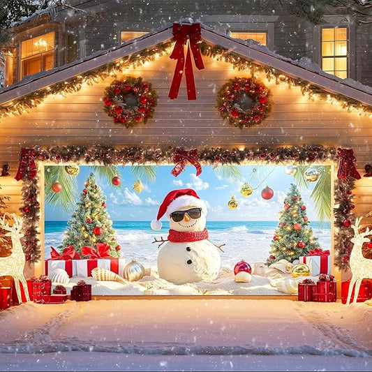 IVN Christmas Holiday Garage Door Banner 6x13 ft Tropical Sandman Scene Backdrop Garage Door Cover Mural with Palm Tree Ornaments Christmas Garage Door Covers Decorative for Winter Beach Party