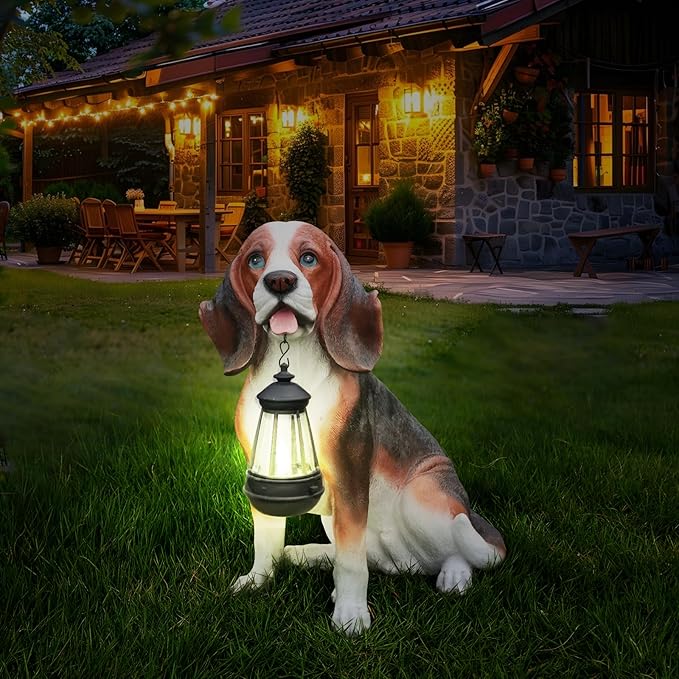 Beagle Dog Garden Statue with Solar Lantern, 16.9" Large Outdoor Animal Figurine with Double-Sided Welcome & On Patrol Sign, Yard Patio Porch Lawn Decor, Pet Lover Housewarming Gift