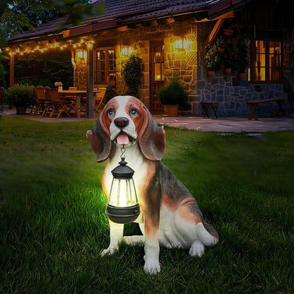 Beagle Dog Garden Statue with Solar Lantern, 16.9" Large Outdoor Animal Figurine with Double-Sided Welcome & On Patrol Sign, Yard Patio Porch Lawn Decor, Pet Lover Housewarming Gift