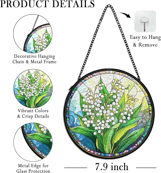 Floral Whimsical Suncatcher Stained Glass Window Hanging Decor, Goblincore Cottage Core Stained Glass Wall Decor, Lilly of the Valley Lawn Garden Sun Catchers Window Hanging Decorations,7.9x7.9