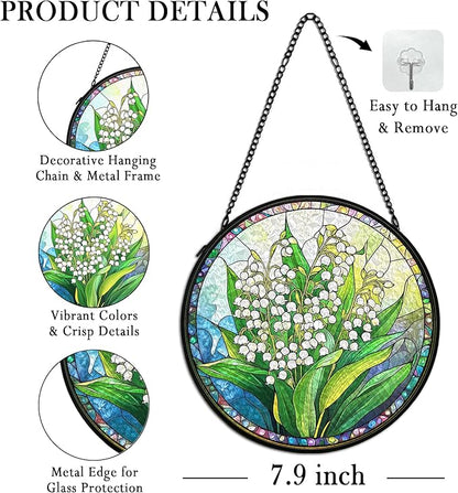 Floral Whimsical Suncatcher Stained Glass Window Hanging Decor, Goblincore Cottage Core Stained Glass Wall Decor, Lilly of the Valley Lawn Garden Sun Catchers Window Hanging Decorations,7.9x7.9