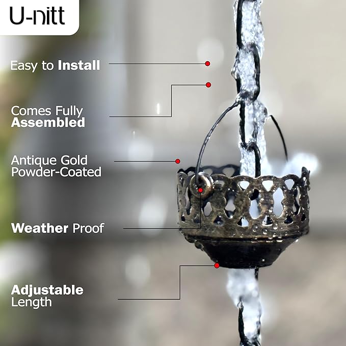 U-nitt Rain Chain Water Collection for Gutters Rainwater Catcher & Diverter, 8.5 FT Chains for Outside Garden, Antique Copper Cups, Roof Downspout, Works with Heavy Rain, w/ Gutter Clip for Rainchains