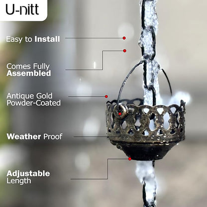 U-nitt Rain Chain Water Collection for Gutters Rainwater Catcher & Diverter, 8.5 FT Chains for Outside Garden, Antique Copper Cups, Roof Downspout, Works with Heavy Rain, w/ Gutter Clip for Rainchains